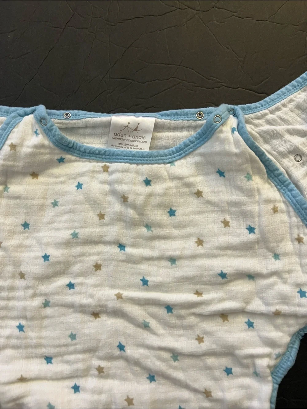 aden + anais White Muslin Sleep Sack with Blue and Tan Stars